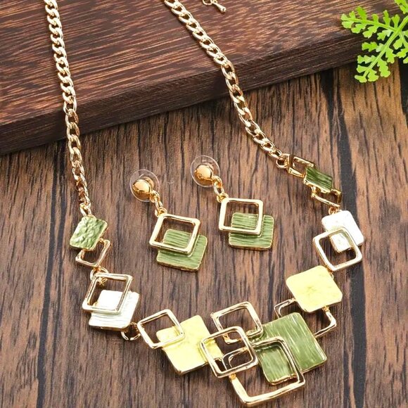 3pc Stylish Geometric Enamel Necklace & Earrings Enamel Gold Tone Chain Dangle - Picture 1 of 5